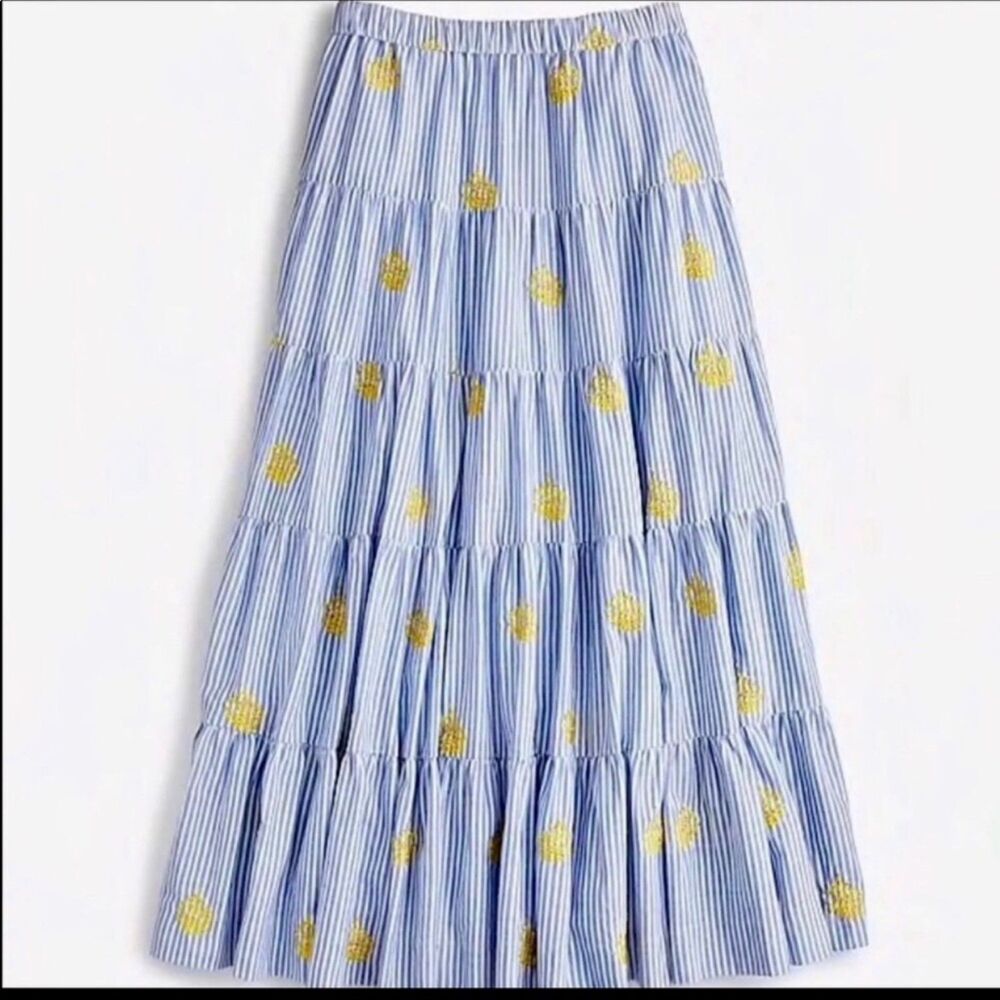 J.Crew Womens Skirt XS Blue Striped Pineapple Embroidered Tiered Maxi Lined Boho